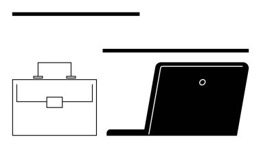 Siyah-beyaz dizüstü bilgisayar ve evrak çantası modern iş dengesi, teknoloji ve profesyonelliği vurguluyor. İş için ideal, uzak çalışma, üretkenlik, ofis dinamikleri, kurumsal kültür, basitlik