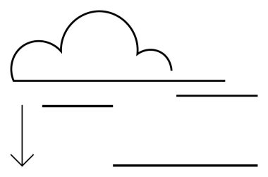 Veri aktarımı ve depolama sürecini gösteren birbirine bağlı yatay çizgiler ve aşağı doğru ok ile bulut. Bulut hesaplama, teknoloji, ağ, eşzamanlama, dijital depolama, veri için ideal