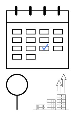 İşaretli tarihli takvim ızgarası, büyüteç ve oklu bar tablosu. Planlama, zamanlama, analiz, iş büyümesi, hedef izleme, üretkenlik soyut çizgisi düz metaforu için ideal
