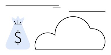 Üzerinde dolar işareti olan para çantası, bulut hatlarının yanında. Fintech, bulut tasarrufu, bütçe uygulamaları, finansal veri depolama, maliyet verimliliği, dijital bankacılık, yatırımlar için ideal. Satır metaforu