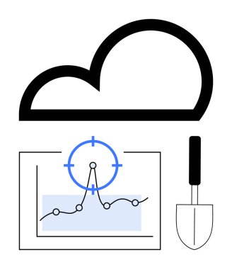 Grafiğin üstünde veri noktaları ve küçük bir malayla eşleştirilmiş bir pusula olan bir bulut simgesi. Bulut hesaplama, veri analizi, teknoloji araçları, hassasiyet planlaması, inşaat, iş stratejileri için ideal
