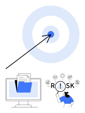Arkalı mavi hedef, dosyalı bilgisayar ekranı ve risk faktörlerini analiz eden kişi. İş stratejisi, hedef belirleme, risk değerlendirmesi, iş akışı yönetimi ve proje için ideal