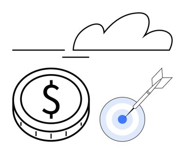 Dolar işaretli sikke, oklu hedef ve bulut çizgisi. Finans, hedefler, tasarruflar, yatırım, başarı büyüme stratejileri ve başarı için ideal. Soyut çizgi düz metafor