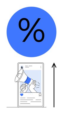Akıllı telefonun içindeki megafon dijital pazarlamayı vurguluyor. Mavi yüzde işareti büyümeyi simgeler. Reklam için ideal sosyal medya, satış, trendler, iletişim, iş, teknoloji. Çizgi