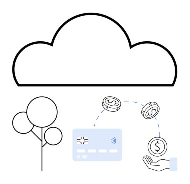 Bulut, bozuk para, kredi kartı, ağaç ve para yakalayan el. Dijital ödemeler, fintech, bulut teknolojisi online işlemler finansal hizmetler e-ticaret platformları ve tasarruflar için idealdir. Çizgi