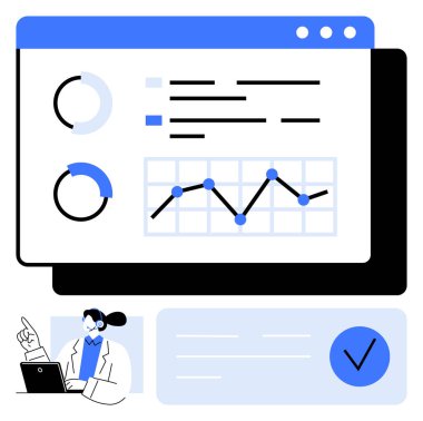 Turta grafikleri, çubuk grafikleri ve çizelgeleri olan veri paneli. Profesyonel olarak dizüstü bilgisayarı, işaret işaretini ve not kutusunu işaret ediyor. İş analizleri, sunumlar, eğitim raporları için ideal