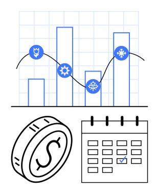 Mevsimlik simgelerle bar tablosu, dalgalı moda çizgisi, para birimi değeri tasviri ve işaretli bir gün takvimi. Finansal planlama, bütçe tahmini, ekonomi ve analitik yatırım için ideal