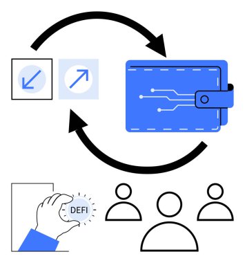 Wallet with circuit design, directional arrows, DEFI token in hand, and user icons. Ideal for cryptocurrency, blockchain, fintech, digital payments, decentralized apps technology abstract line flat clipart