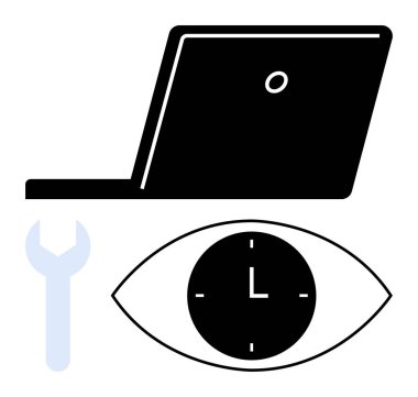 Siyah dizüstü bilgisayar, anahtar, merkezi saati simgeleyen göz, zaman, aletler, izleme, teknoloji, optimizasyon ve verimliliği simgeliyor. Teknoloji sektörü verimliliği bakım süreleri iş akışı için ideal