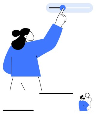 Kadın şalter düğmesiyle etkileşime girer, diğer kişi arka planda düşünür. Karar verme, kullanıcı kontrolü, arayüz tasarımı, strateji, problem çözme, planlama ve soyut çizgi için ideal