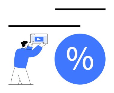 Bilgisayarı elinde video oynatma ikonu olan bir adam, büyük bir yüzdelik sembolün yanında. Çevrimiçi video pazarlama, dijital reklamcılık, büyüme analizleri, internet akışı, kullanıcı katılımı kavramları için ideal