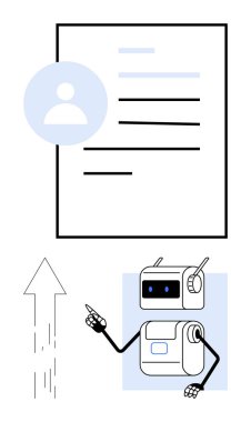 Kullanıcı profili simgesi, üç satır ve yukarı doğru ok olan bir belgeye bakan robot asistan. Teknoloji, otomasyon, yapay zeka, iş verimliliği, kullanıcı deneyimi, büyüme, yenilik temaları için ideal