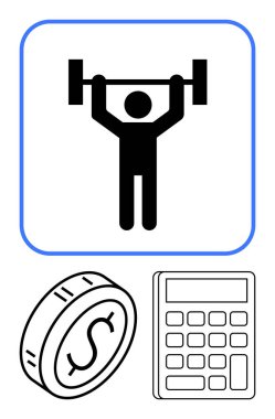 Madeni para ve hesap makinesi simgeleriyle mavi çerçevede ağırlık kaldırmak fiziksel güç, mali yönetim ve hesaplama temaları vurguluyor. Form hedefleri ve bütçe için ideal