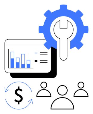 Analitik gösterge paneli, İngiliz anahtarlı mavi dişli, oklu dolar işareti ve üç takım simgesi. İş araçları, takım çalışması, finans, işlemler, iş akışı teknik desteği için ideal