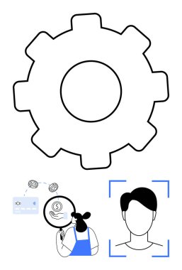 Tepedeki dişli, mühendisliği simgeliyor. Sol altta, kişi büyüteçle finansal açıdan çalışıyor. Sağ alttaki yüz taraması. Teknoloji, finans, kimlik, mühendislik analiz otomasyonu için ideal