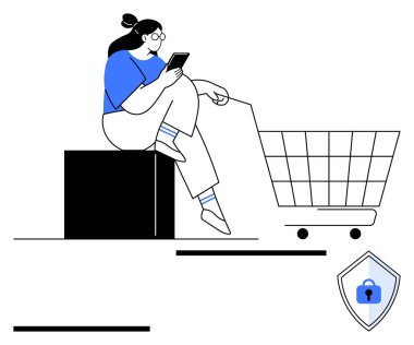 Akıllı telefon kullanan bir kadın alışveriş arabasının yanında oturuyor. Kilitli kalkan çevrimiçi güvenliği simgeliyor. E-ticaret, siber güvenlik, fintech, dijital ödemeler, çevrimiçi perakende, müşteri