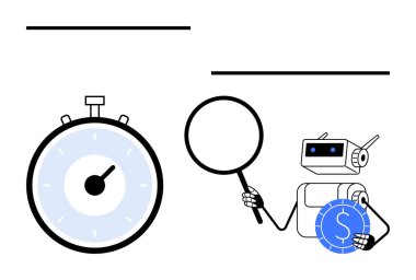 Stopwatch robotu büyüteç ve para tutuyor. Teknoloji, finans, zaman yönetimi, otomasyon, veri analizi, verimlilik, gelecekteki eğilimler için ideal. Satır metaforu