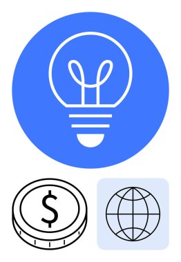 Fikir üretimi için ampul, finans için para, küresel bağlantı için dünya. Yenilik, yaratıcılık, iş dünyası, ekonomi, sürdürülebilirlik, girişimcilik soyut çizgi düz metafor için idealdir