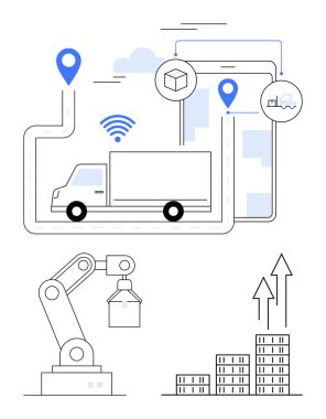Robotik kol tutma paketi, GPS 'li teslimat kamyonu, akıllı telefon navigasyonu ve büyüyen depoları. Tedarik zinciri, otomasyon, lojistik, nakliye, teknoloji veri takibi için ideal