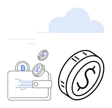 İçinde elektronik devreler ve dijital para birimleri olan cüzdan. Yakınlarda büyük paralar, ışık bulutu. Çevrimiçi işlemler, e-cüzdanlar, kripto para birimi, fintech, finans, engelleme zinciri için ideal