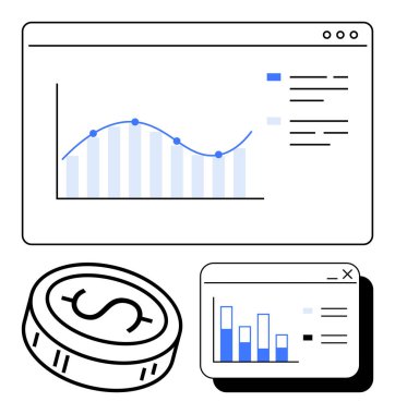 Madeni para ve ek bar çizelgeleriyle finansal veri eğilimlerini gösteren grafik. Finans sunumları, iş raporları, pazar analizi, veri görselleştirme, yatırım stratejileri için ideal