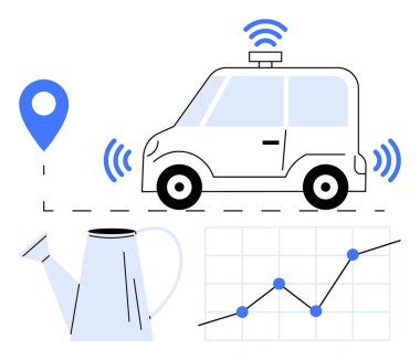 Sürücü araba, harita iğnesi, sulama kutusu ve yükselen eğilimi gösteren veri tablosu yanında kablosuz sinyaller yayar. Teknoloji, navigasyon, IOT, büyüme, sürdürülebilirlik, otomasyon soyut çizgisi için ideal