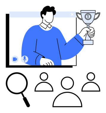 Profil simgeleri ve büyüteçlerle dolu bir video ekranında elinde bir kupa tutan kişi. Takım çalışması, tanınma, çevrimiçi başarı, liderlik, uzaktan çalışma, işbirliği, soyut düz çizgi