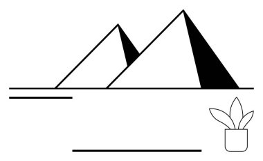 Kalın gölgeli iki geometrik piramit basit bir çöl sahnesinde minimumda saksı bitkisi eşliğinde otururlar. Seyahat için ideal, mimari, basitlik, doğa, denge, modern sanat, soyut çizgi