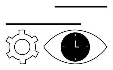 Göz içindeki saat ve bitişik teçhizat odaklanmayı, zaman verimliliğini ve operasyonel stratejiyi öneriyor. Üretkenlik, organizasyon, planlama, teknoloji, iş akışı, yaratıcılık soyut çizgi için ideal
