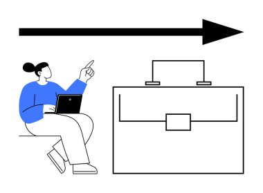 Dizüstü bilgisayarlı bir kadın, minimalist evrak çantasıyla birlikte oklara doğru hareketler yapıyor. Kariyer büyümesi, iş vizyonu, girişimcilik, liderlik, strateji planlaması, hedef belirleme, soyut çizgi