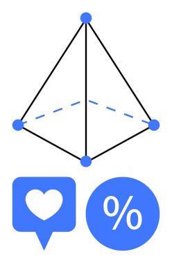 Geometrik piramidin köşelerinde noktalar ve içinde kesik çizgiler var. Yanında da konuşma balonunda bir kalp ikonu ve yüzde sembolü var. Matematik, aşk, iletişim, istatistik için ideal