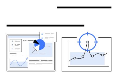 Pasta grafikli analitik gösterge paneli, çizgi grafikleri, hedef arayüzü ve veri raporlama. İş analizleri, performans izleme, strateji planlaması, dijital pazarlama ve raporlama için ideal