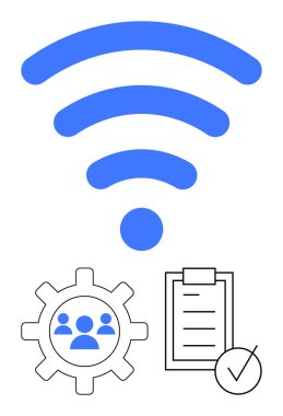 Mavi kablosuz hatlar, kullanıcı simgeli dişliler, kontrol listesi ve işaretli pano. Bağlantı, takım çalışması, üretkenlik, otomasyon, görev yönetimi, verimlilik soyut çizgisi düz metaforu için ideal