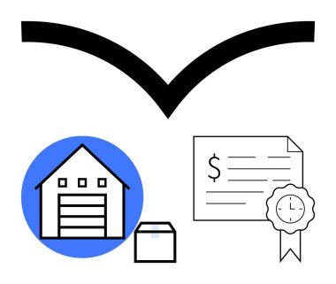 Teslimat paketi olan bir depo, hareketi sembolize eden bir ok ve sertifika parşömeni. Lojistik, tedarik zinciri, nakliye, kalite güvencesi, depolama, sözleşme yönetimi için ideal