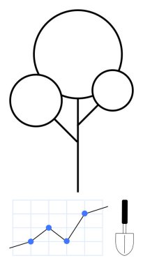 Üç dairesel gölgelikli ağaç, yukarı doğru grafiği ve büyümeyi ve sürdürülebilirliği sembolize eden kürek. Çevre, veri analizi, ilerleme, ekoloji, gelişim bahçıvanlığı stratejisi için ideal. Soyut