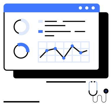 Dairesel diyagramlar, çizgi grafikleri ve analiz çizelgelerini gösteren dijital sağlık kontrol paneli. Stetoskop tıbbi içeriği sembolize eder. Sağlık teknisyeni, tanı, tıbbi veriler, teletıp için ideal