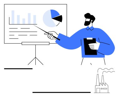 Tablolara elinde bir kalemle bakan bir adam, elinde pano, kareler köşesindeki fabrika. İş analizi, piyasa araştırması, sunum, eğitim, raporlama ve takım çalışması için ideal