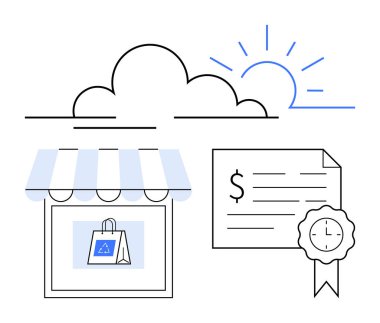 Küçük vitrin tenteleri, alışveriş çantası dolar işaretli fatura, tasdikli saat, bulutlar, güneş. Küçük işletme, perakende, büyüme başarısı sertifika satış finansmanı için ideal