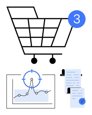 Ürün sayım uyarısı içeren alışveriş arabası, odak ikonlu analiz çizelgesi ve dijital makbuzlar. E-ticaret, satış takibi, bütçe, iş raporları, online fatura, pazarlama soyut hattı için ideal