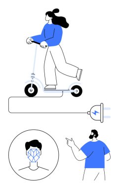 Woman on electric scooter connected to charging plug, stylized facial recognition diagram, and man indicative of technology interaction. Ideal for tech innovation, sustainability, mobility, AI, urban clipart