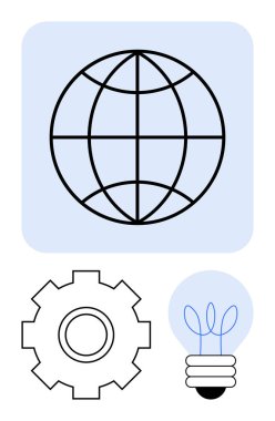 Dünya çapında ulaşım için dünya, mühendislik ve mekanizmalar için teçhizat, yenilik ve fikirler için ampul. Teknoloji, yaratıcılık, küreselleşme, problem çözme, mühendislik, enerji soyut