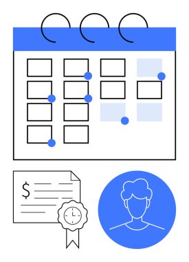Belirli tarihlerde mavi işaretli takvim, dairesel çerçevede insan simgesi ve içinde para sembolü ve saat rozeti bulunan belge. Planlama, planlama, teslim tarihi ve zaman için ideal