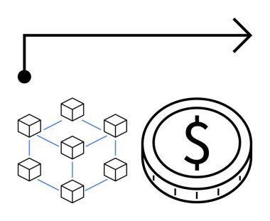 Küp ızgarası, bir okla birbirine bağlı dijital para birimini gösteren blok zinciri ve dolar sikkelerini temsil ediyor. Kripto para birimi, fintech, işlemler, engelleme zinciri, finans, yenilik, veri