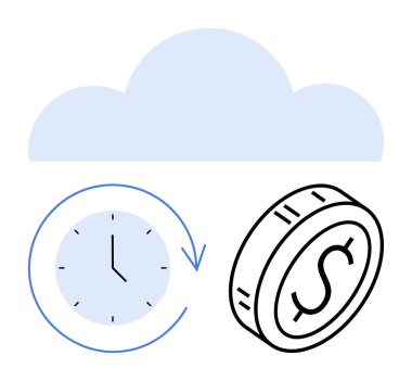 Dairesel zaman oklu saat, dolar işaretli bozuk para, soyut bulut. Zaman, bulut teknolojisi, maliyet optimizasyonu, finansal planlama, dijital çözümler, verimlilik soyut çizgisi için ideal