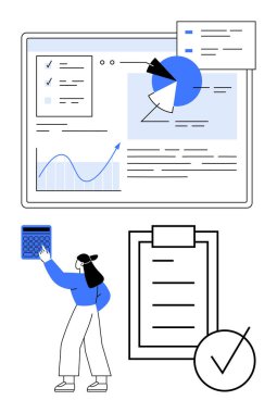 Pasta grafikleri, kontrol listesi, pano ve hesap makinesiyle analitik ekran okuyan bir kadın. Veri analizi, planlama, finansman, araştırma verimliliği işi soyut çizgisi için ideal