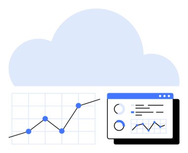 Buluta bağlı trend grafiği, çizelgelerle gösterge paneli ve analitik gölgeler. Ticari görüşler, bulut hesaplama, büyük veriler, performans izleme, teknoloji, büyüme stratejisi için ideal