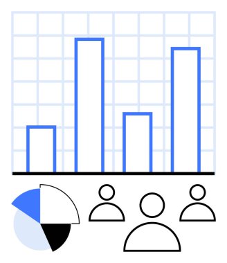 Dört çubuklu bar tablosu, dilimli pasta tablosu ve üç kullanıcı simgesi. Veri analizi, büyüme eğilimleri, performans takibi, müşteri nüfusu, iş stratejisi, analitik ve soyut