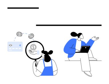 Kadın ödeme sistemini büyüteçle inceliyor, döviz değişimi gösteriyor. Bir diğeri de dizüstü bilgisayarla yerde oturuyor, çalışmaya hazır. Finans, e-ticaret, analiz, uzaktan çalışma için ideal