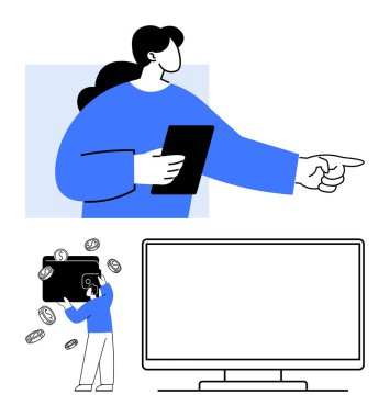 Tableti tutan kadın, bozuk para ve cüzdanı olan kişi, teknoloji, finans, iş, dijital ödemeler, sunumlar, çevrimiçi alışveriş e-ticareti için boş TV ekranı ideali. Satır metaforu