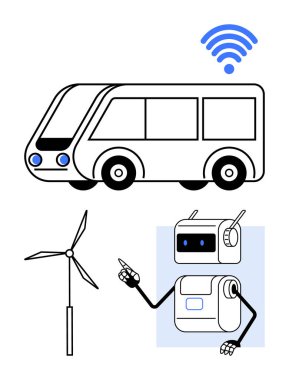 Robot eğitimci ve kablosuz sinyali olan çevre dostu otobüs. Bitişik rüzgar türbini temiz enerjiyi simgeler. Teknoloji, eğitim, ulaşım, sürdürülebilirlik, yenilik ve bağlantı için ideal